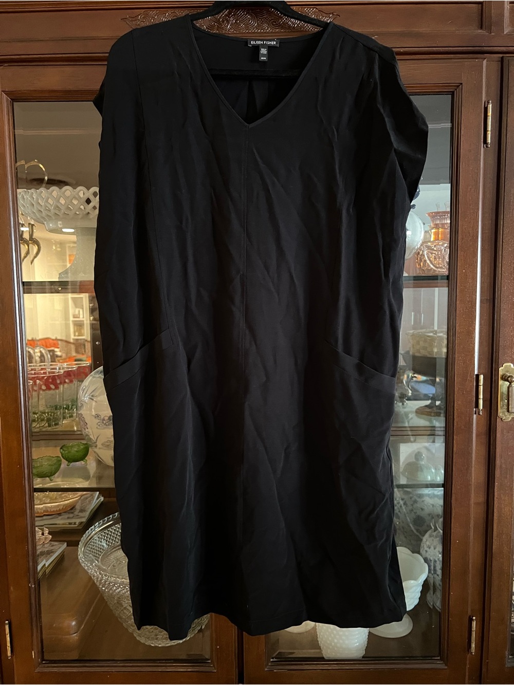 Eileen Fisher Black V-Neck Midi Shift Dress with Pockets